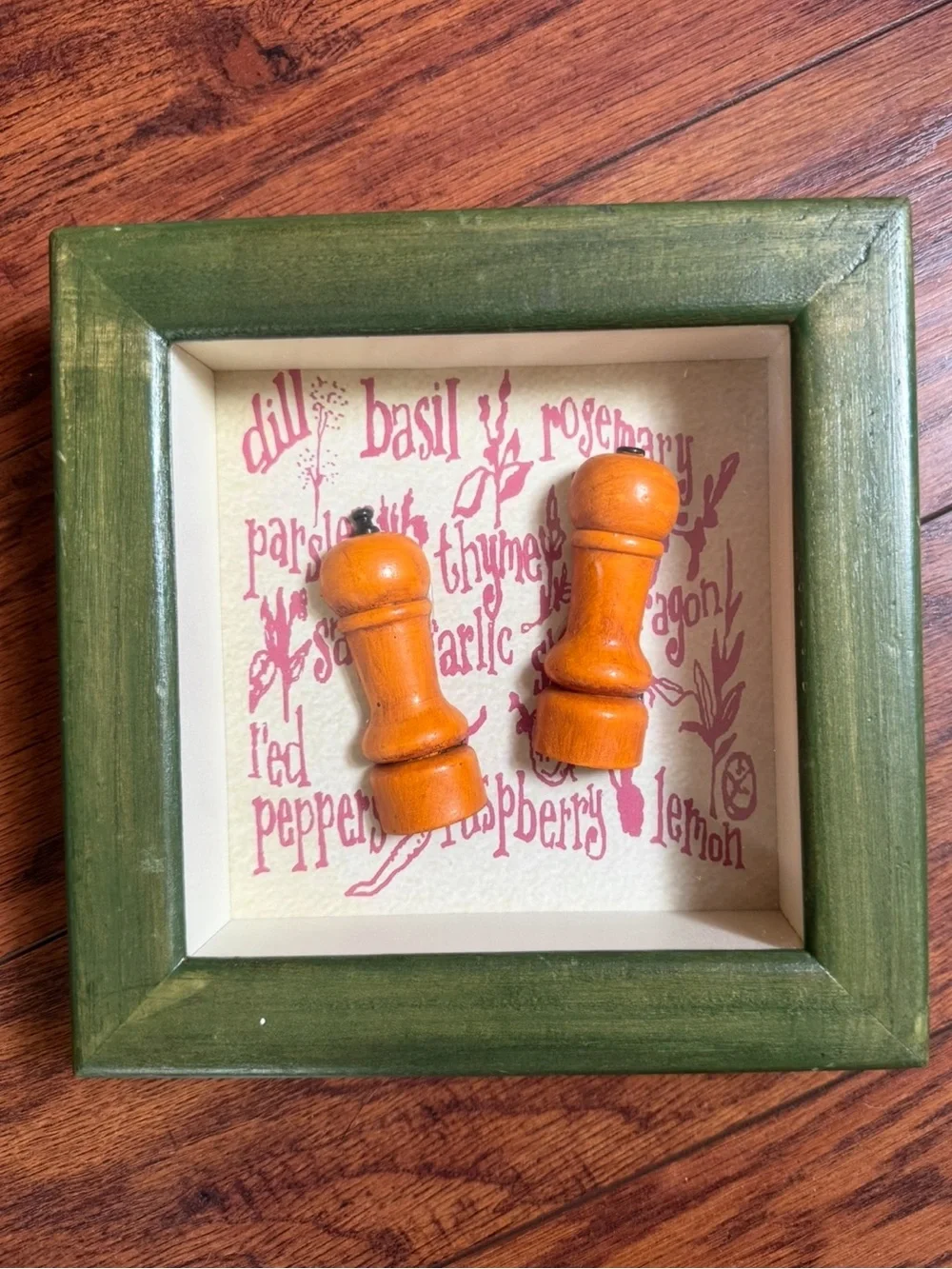 Green Framed Herb Art with Wood Salt & Pepper Shakers